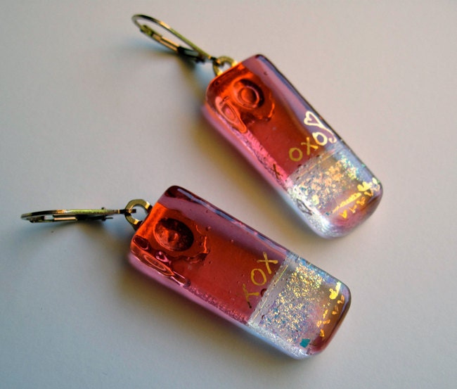 Fused dichroic glass earrings,  peach with gold hugs and kisses, XOXO, 14 kt gold