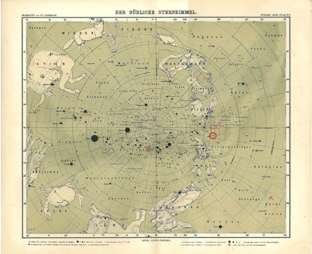 1914  Celestial Map Southern Sky ,Star Chart, Antique Original Print, Zodiacal Constellations