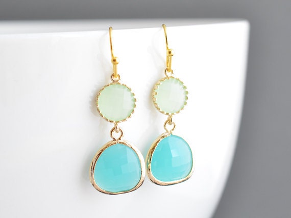 Apple green and mint blue zircon 16k gold earrings