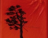 Original 4x4 Red Orange Tree Painting - Pebble Sister