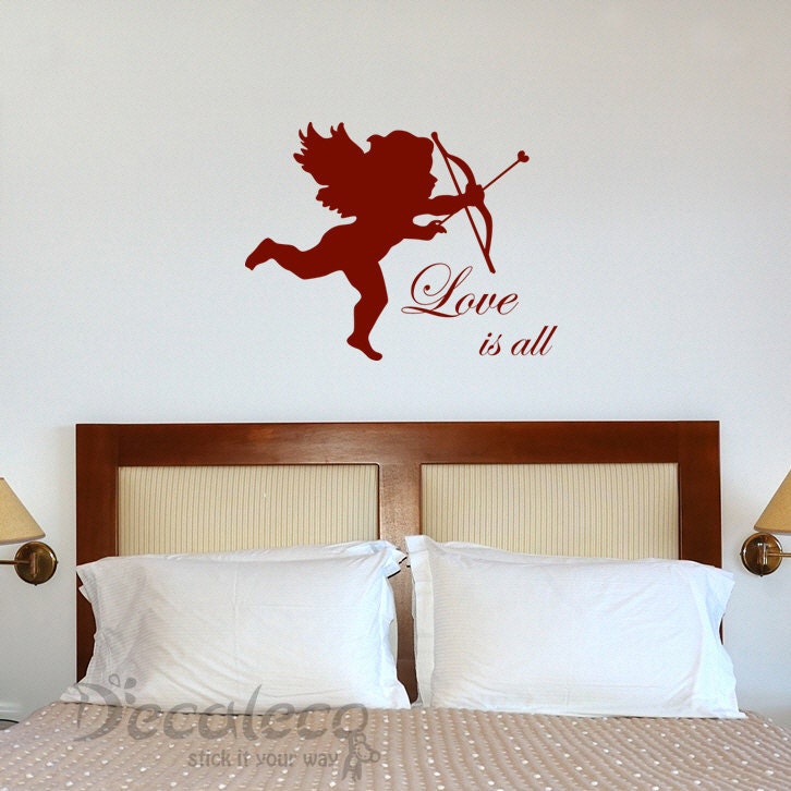 FREE Shipping - Cupid with "Love is all" quote - ideal for VALENTINE's day (love and romance wall decals quotes, wall stickers) (SKU018)