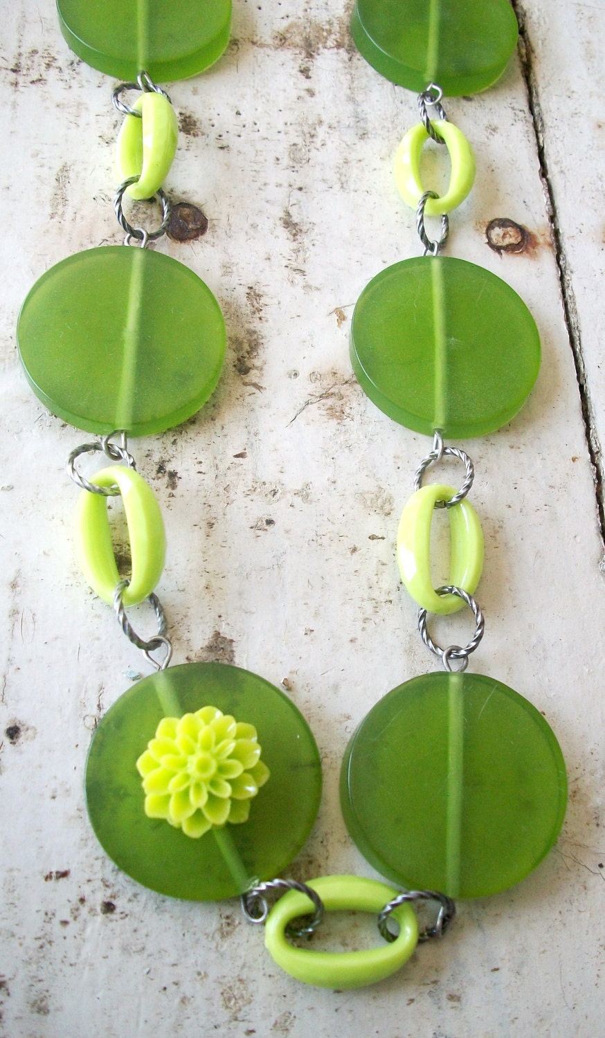 HANDMADE Spring NECKLACE - "Lime Anytime" - VINTAGE Large Lucite Circle Beads & Bright Lime Acrylic Ovals, Boho Fun