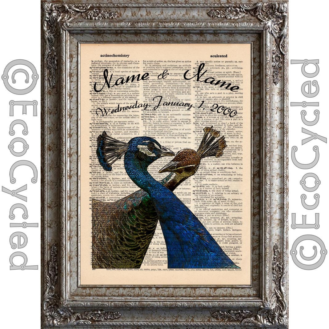 Peacocks In Love with Names and Date on Vintage Upcycled Dictionary Page Book Art Print  Wedding Anniversary Recycled