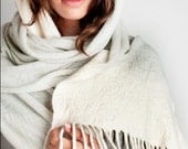 Pearl grey pashmina shawl wool felt with fringes and tassels, Bridal shrug, Hooded scarf