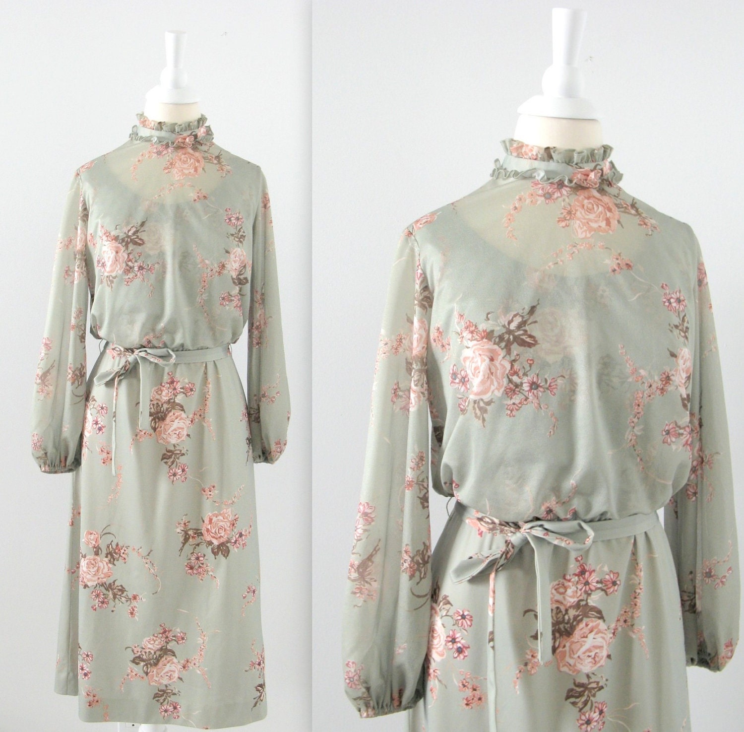 Vintage Floral Day Dress  - Sage Green and Pink - 1960s - Small - TwoMoxie