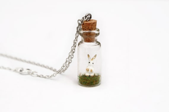 Bunny Rabbit Miniature Jar Necklace - White and Brown Bunny Rabbit Hare, Easter
