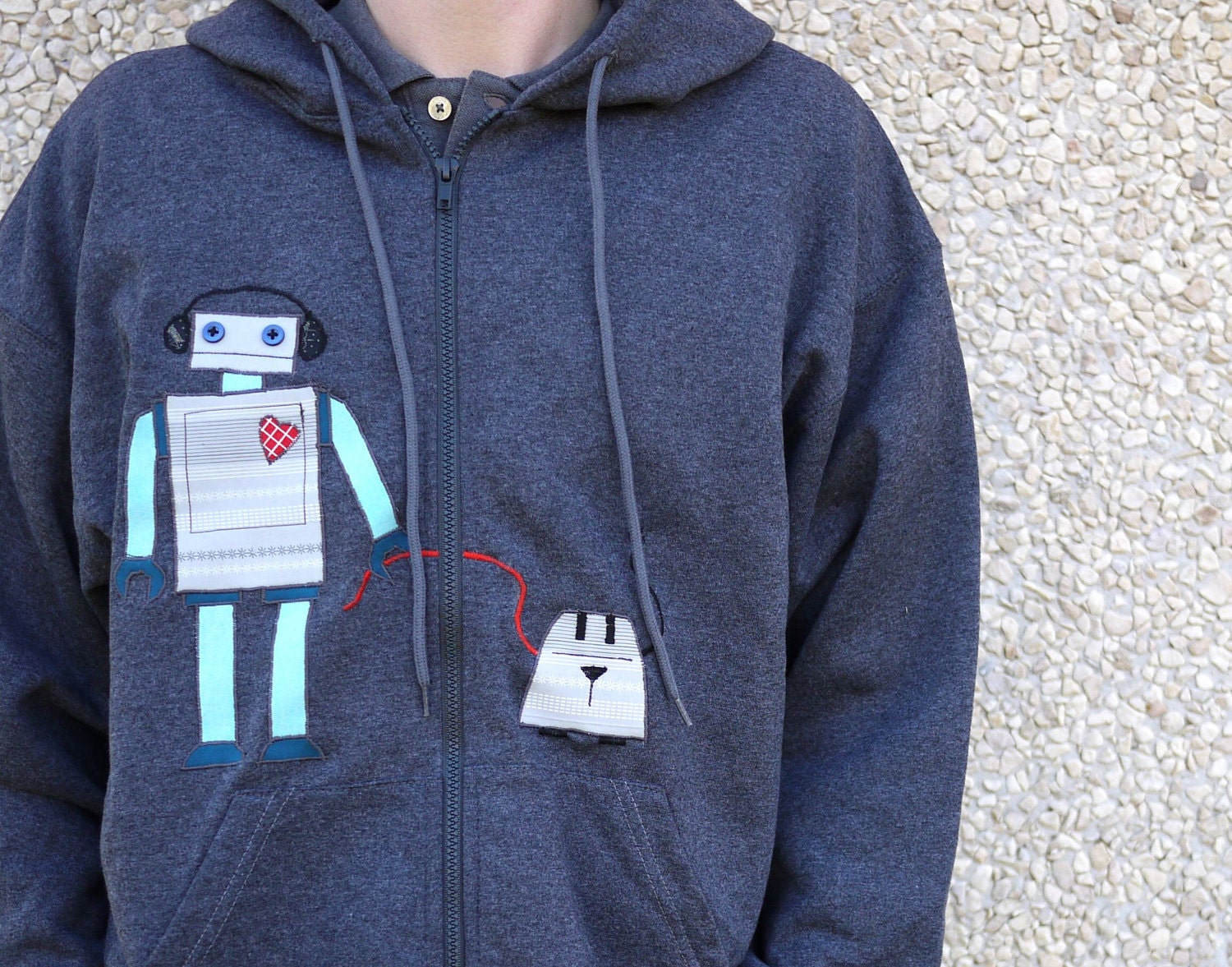 Robot dog walker" mens / unisex hoodie, made with recycled fabric applique