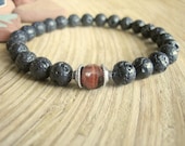 Mens Mala Bead Bracelet - Matte Black Lava Stone and Red Tiger Eye, Silver Capped Dragons Eye Guru Bead, Black Wrist Mala