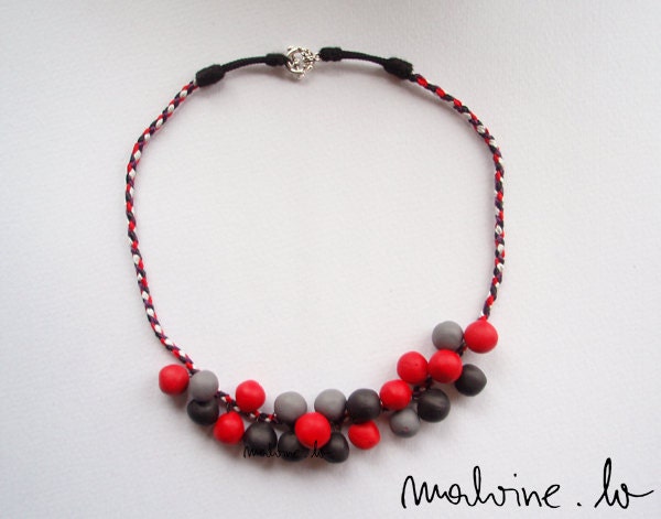 Red, grey and black beaded polymer clay and satin necklace "Red" - READY TO SHIP