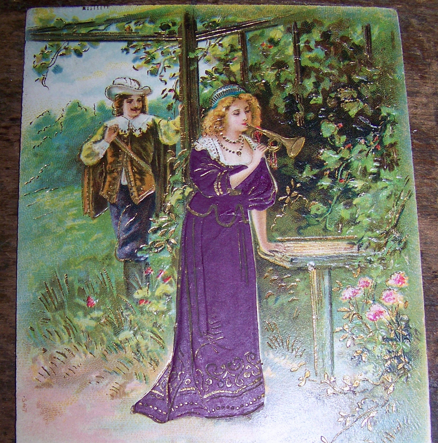 Vintage Embossed Gilt Postcard Couple Post Card