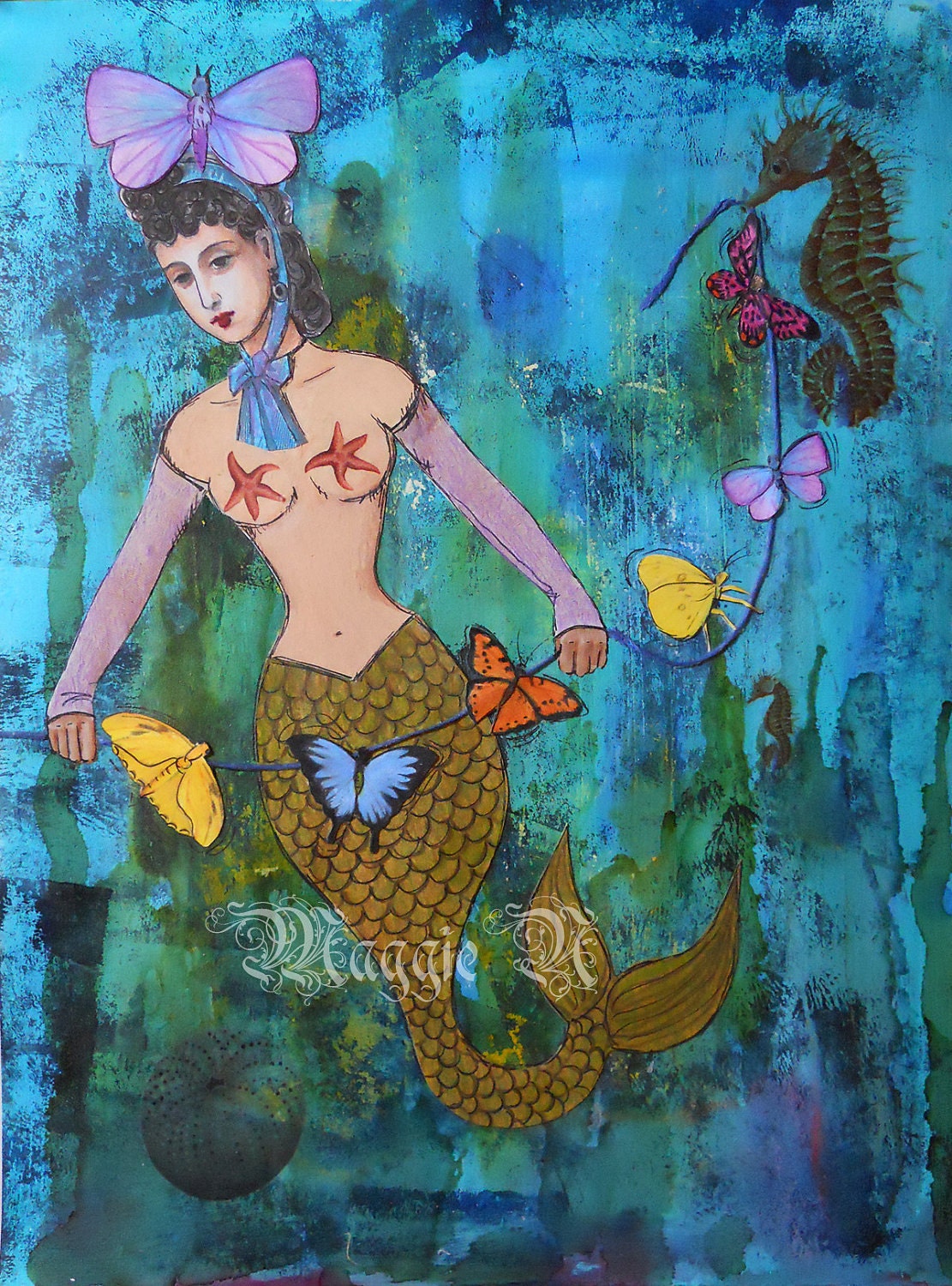 Colorful Mermaid Folk Art // Mermaid Painting // Butterflies // Wall Decor // Water // mixed media - 9 x 12