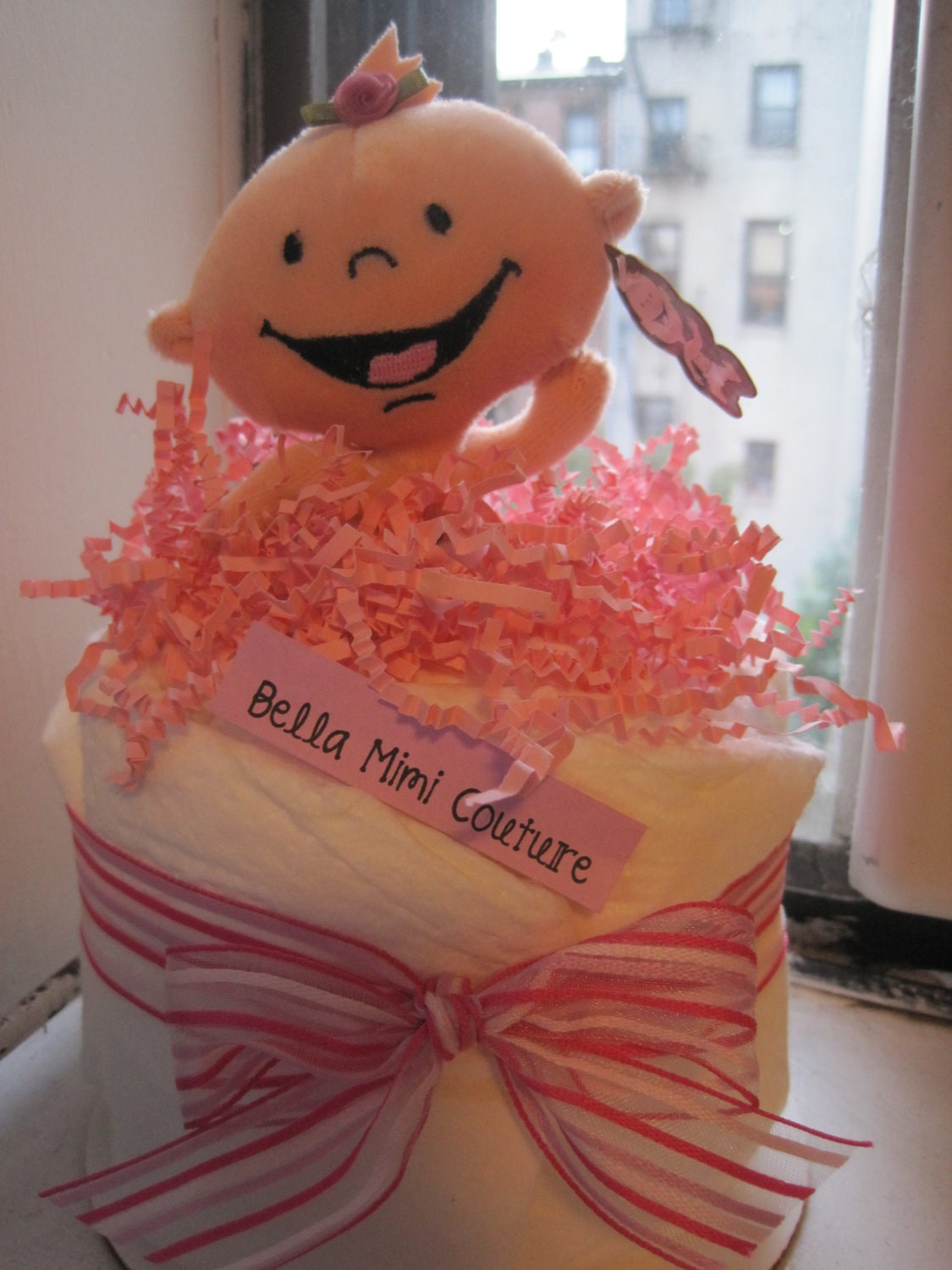 Custom Couture Small Diaper Cake with Baby Rattle Baby Gift