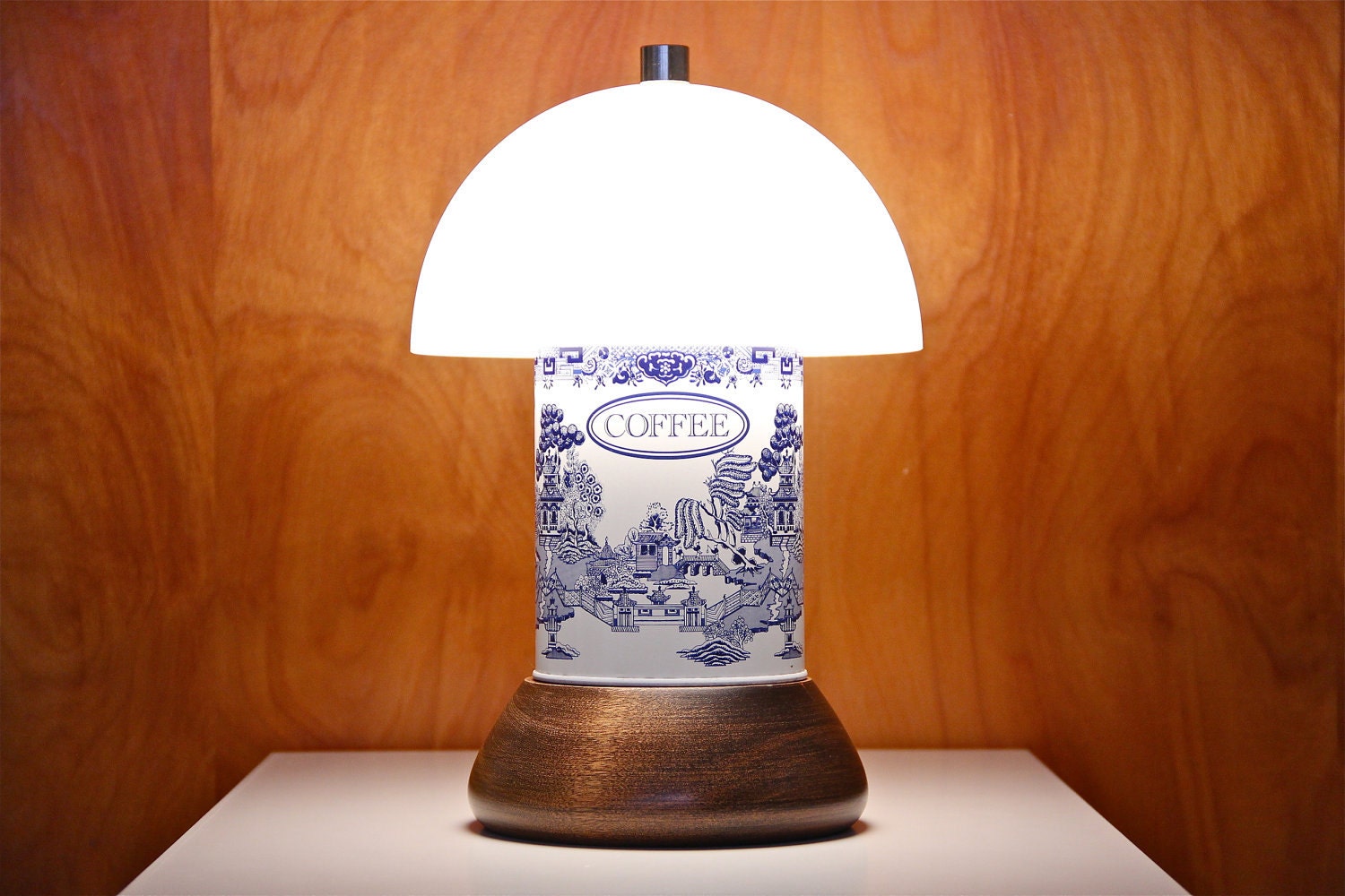 Upcycled Vintage Coffee Tin Canister Table Lamp, Blue and White - Plastic Dome Shade