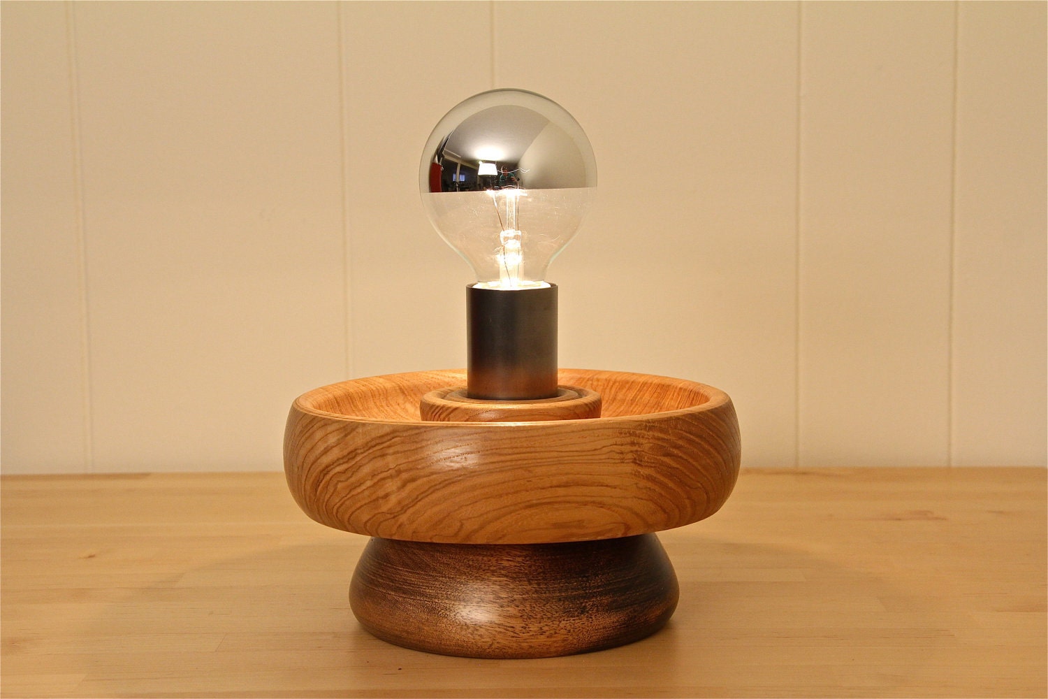 Upcycled Wooden Bowl Table Lamp - Silver-Coated Bulb