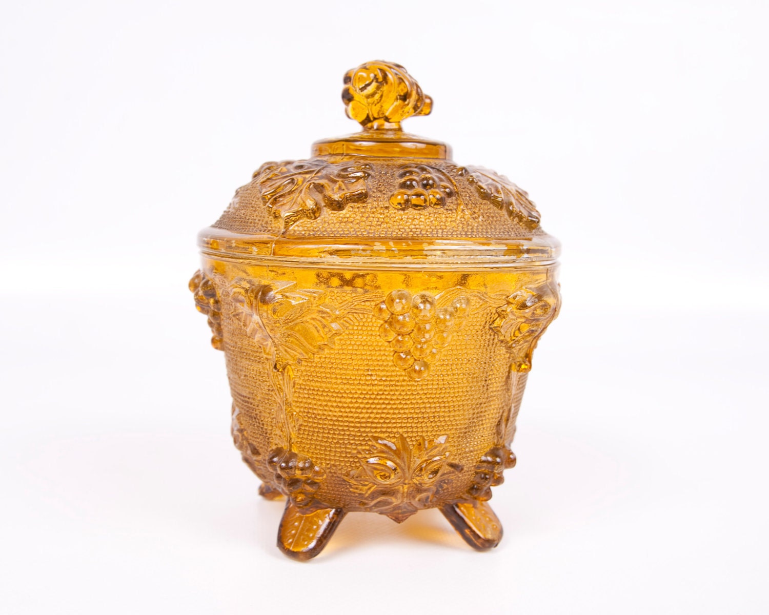 Covered Candy Dish Amber Covered Footed Grapevine Pattern Compote Pressed Glass