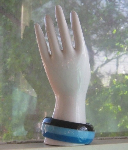 Vintage Black and Blue Bracelets / Mod Blue Striped Bangle / Adjustable Black Disc Bracelet