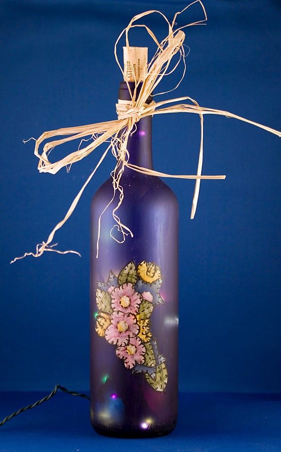 Lighted Wine Bottle Hand Painted Quilted Flowers Recycled Cobalt Blue Glass Accent Lamp Night Light
