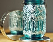 Hand Painted Mason Jar Lantern, with Peacock Blue Glass and Pearl White Eccents