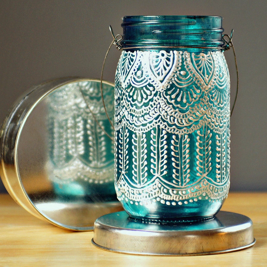 Hand Painted Mason Jar Lantern, with Peacock Blue Glass and Pearl White Eccents