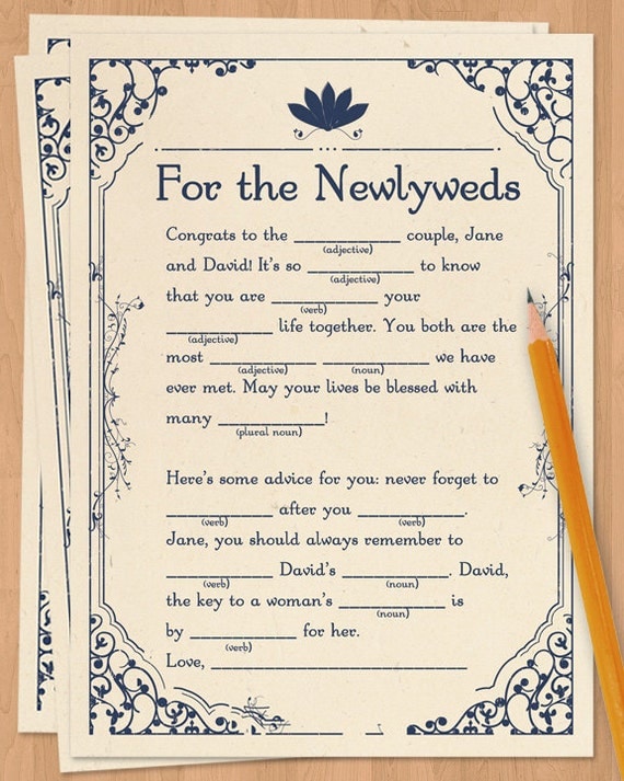 Wedding adlibs, wedding madlibs, wedding ad libs, wedding mad libs, wedding guest book alternative, bridal shower mad libs