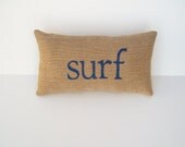 surf decor, burlap pillow, blue pillow, beach theme room decor, surfer, throw pillow, decorative pillow by whimsy sweet whimsy