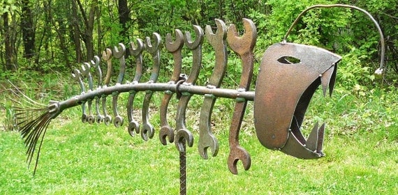 Found object welded garden art fish, Gone COASTAL