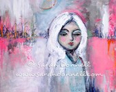 A4 Print Pink Aqua Moon Landscape Wall Art Original Abstract Mix Media Girl Woman Painting Glicee Australian - Gathering Strength