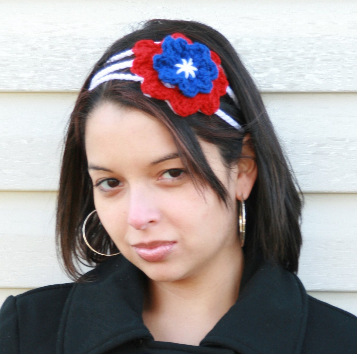 Crochet headband for women 4th of July, red, white and blue, flower, patriotic