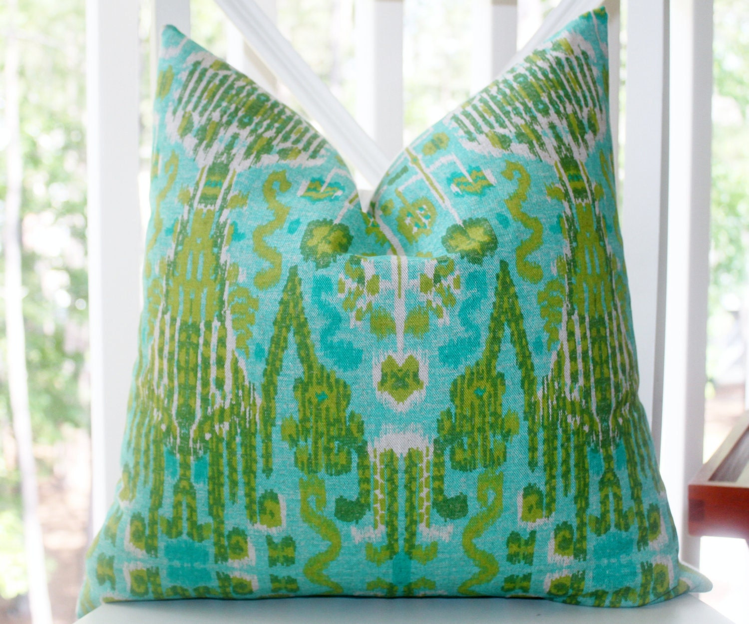 Decorative Pillow Cover - 18 x 18 Aqua Teal Green Citrine Blue Trellis Ikat Pillow Cover - Throw Pillow
