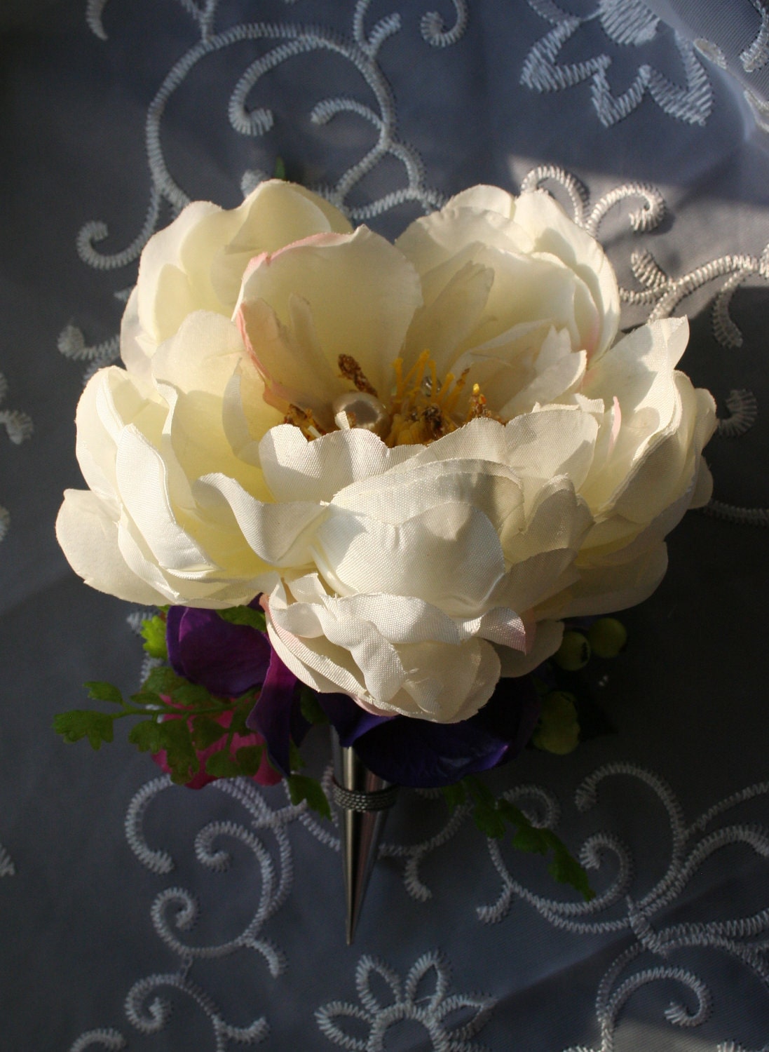 Peony Wedding Corsage with Hand Sewn Beads in Elegant Silver Pin - Prom Corsage in Gift Box