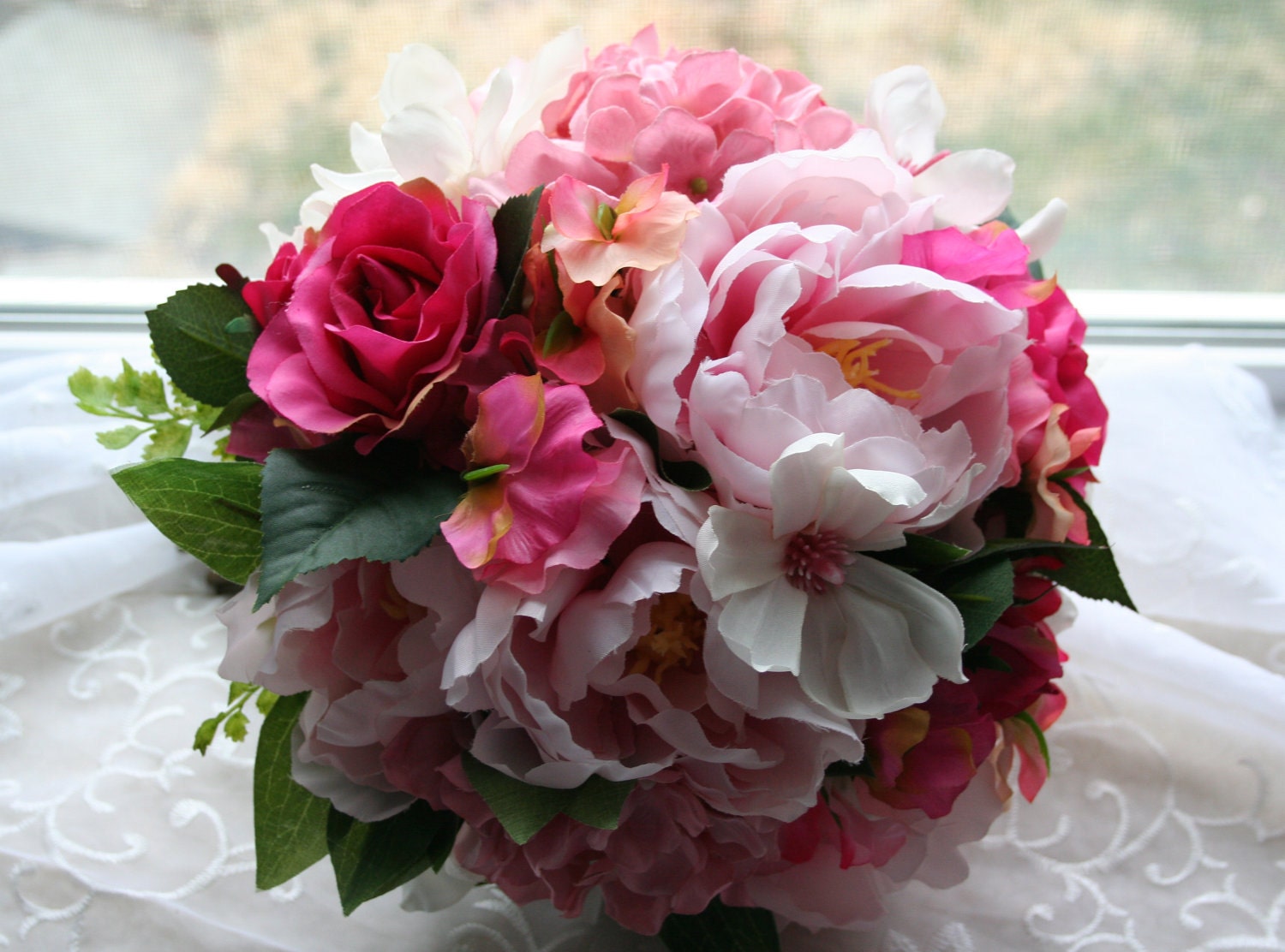 Pink Bridal Bouquet with Sweet Peas, Peonies, Roses, Hydrangea and Groom's Boutonniere with Lace Details - Spring Wedding - Summer Wedding