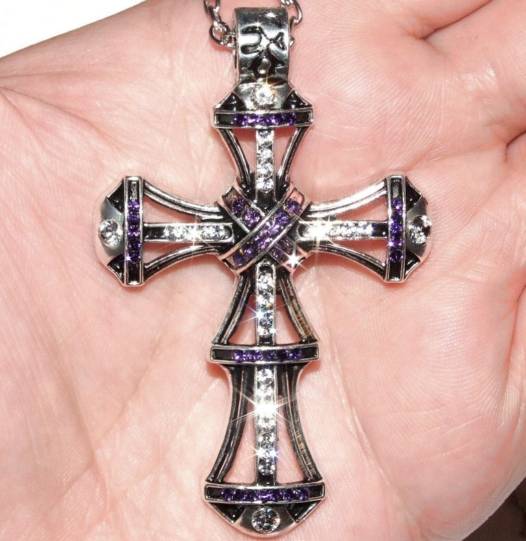 Vintage/Gothic/Victorian Antique Silver/Dark Purple/Clear Genuine Swarovski Crystal 2.6" Cross Necklace/Pendant