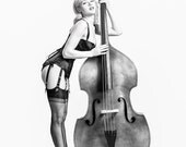 Sexy, Black and White Fine Art Pinup Photography of Mosh, Double Bass, Portrait, Vintage, Retro Classic Print