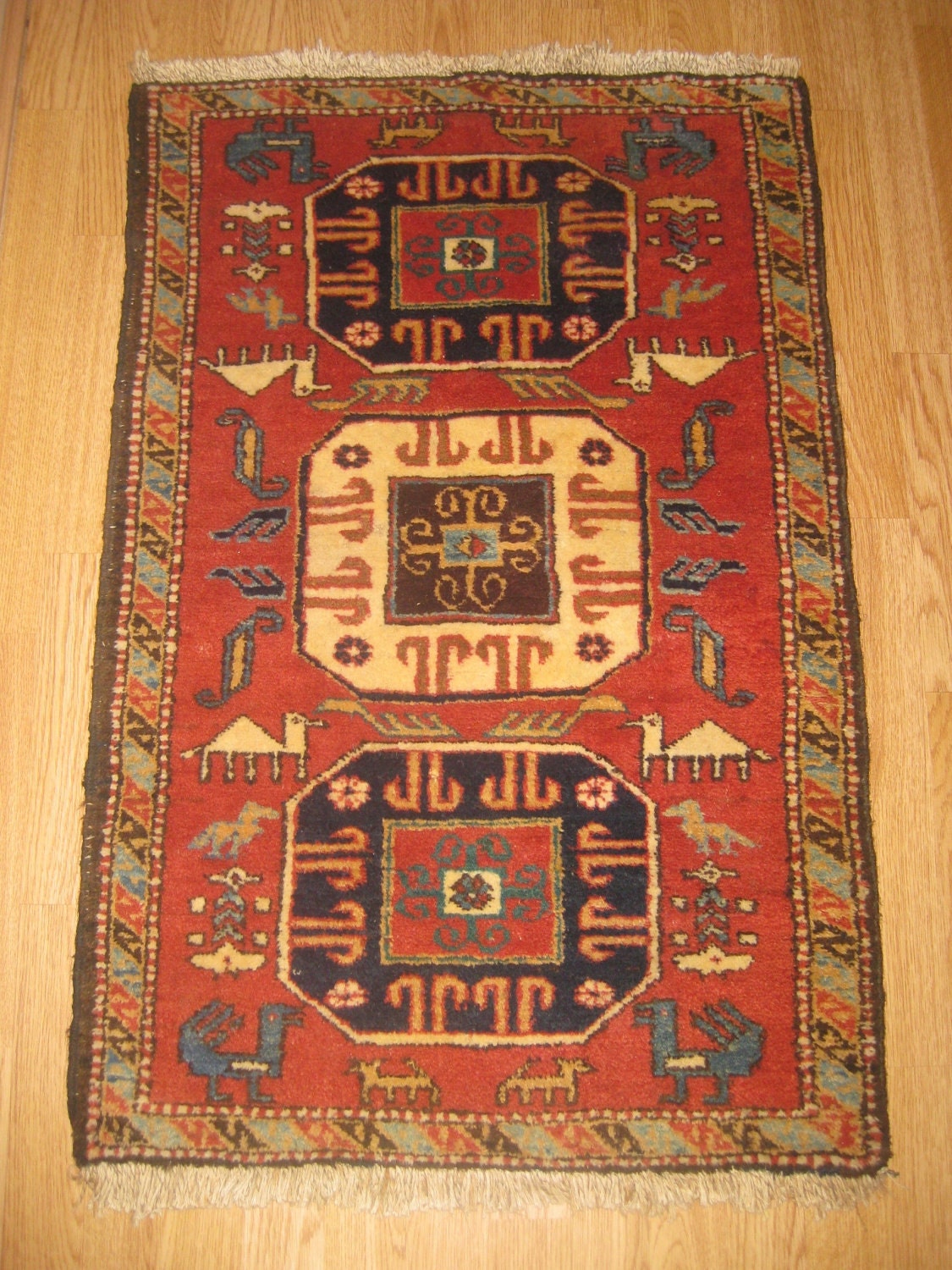 Semi Antique Cute Handwoven rug, Tribal Azerbaijan Rug, wool rug, rugs, animal rug, Tribal rug, bohemian decor,