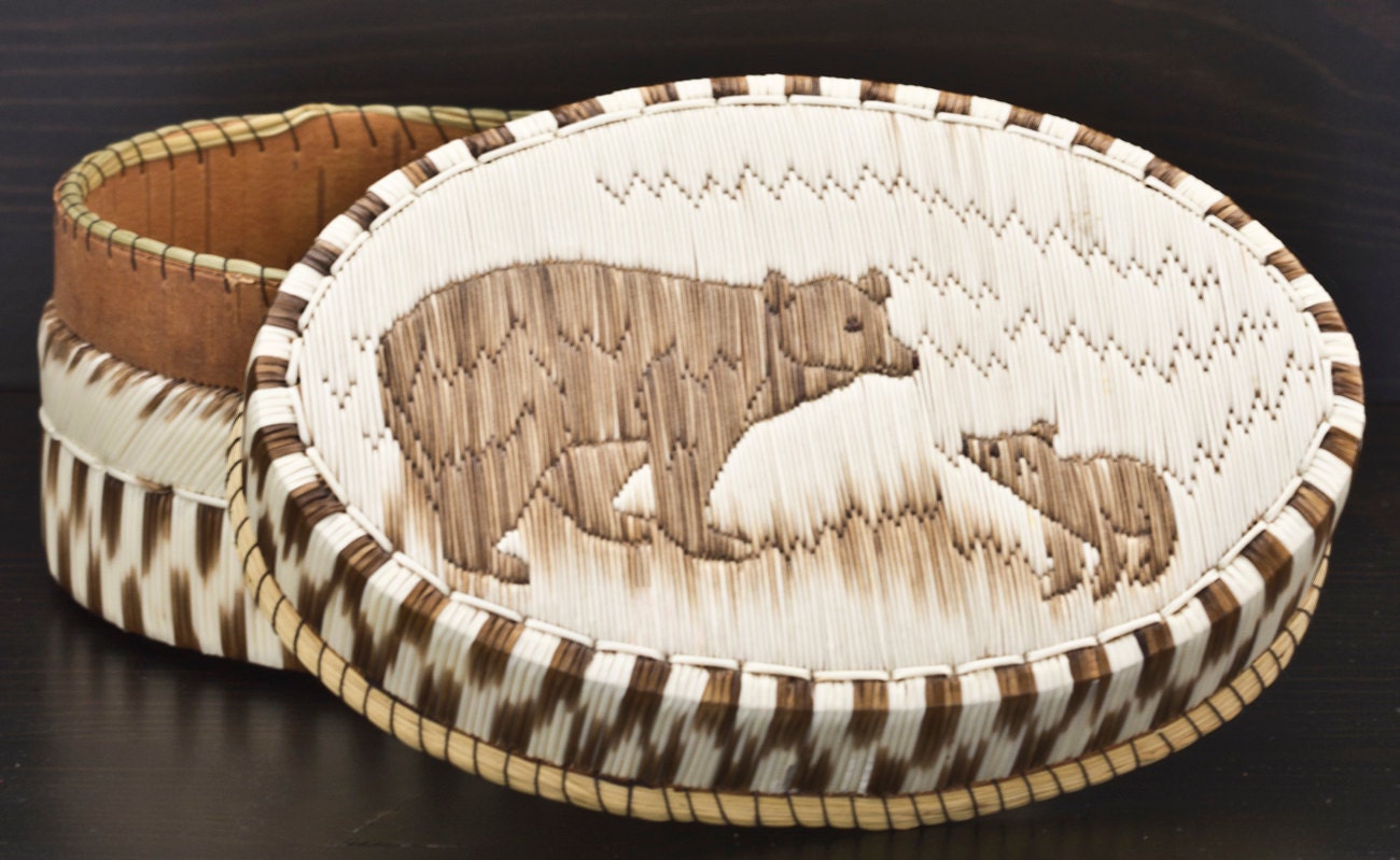 Native American Porcupine Quill Birch Bark Basket
