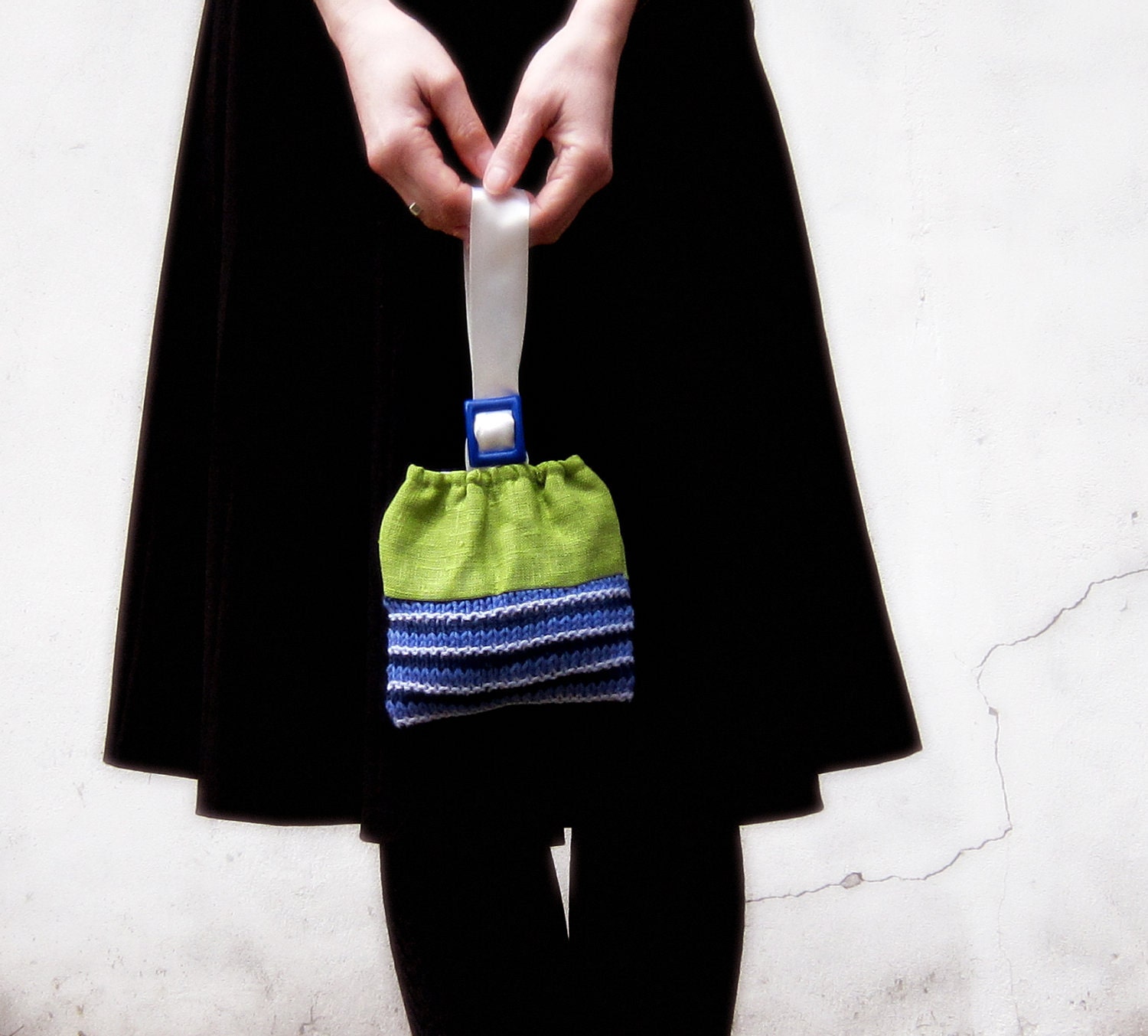 Green linen purse blue cotton knit small bag nautical stripes memake handmade fashion handbag