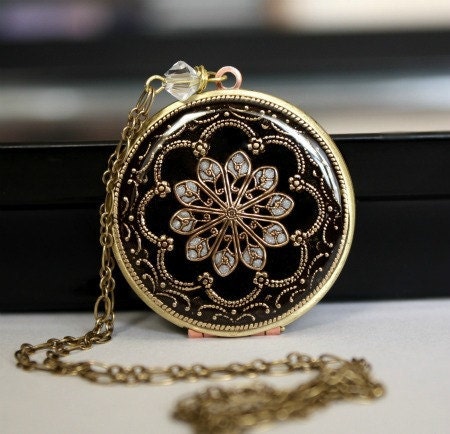 Women's Locket, Black Filigree Necklace, Resin Locket, Bridal Necklace, Upcycled Vintage Locket