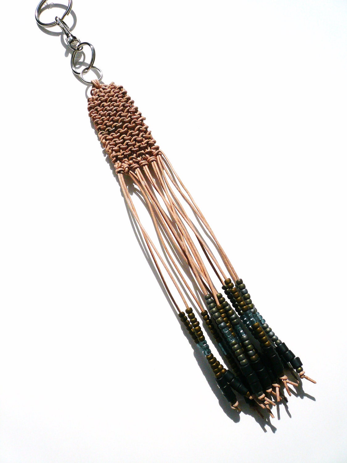 beaded KNIT leather fringe keychain, no. 3