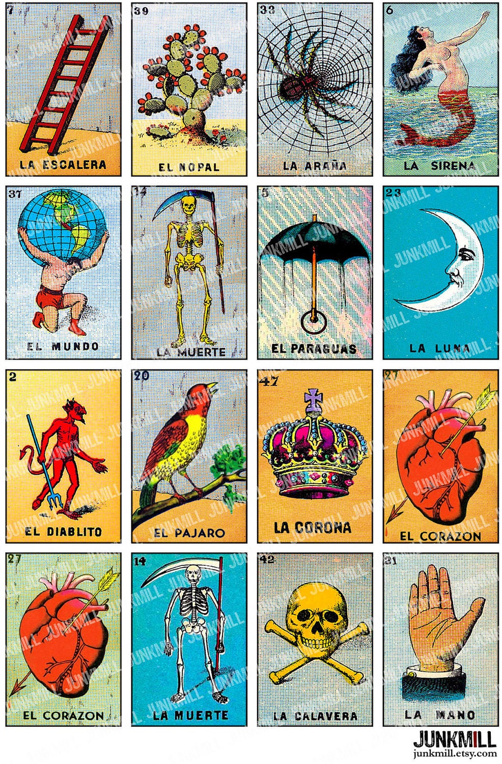 LOTERIA - Digital Printable Collage Sheet - Vintage Mexican Bingo Sampler, Day of the Dead, Halloween, 1.5" x 2.5", Instant Download