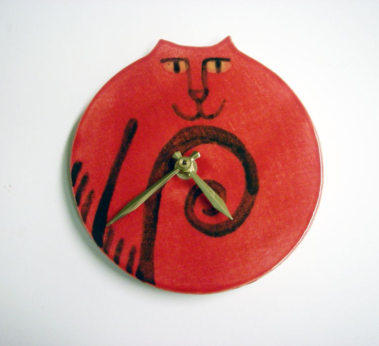 Wall clock: handmade Cat decor vibrant red black whimsical Pottery