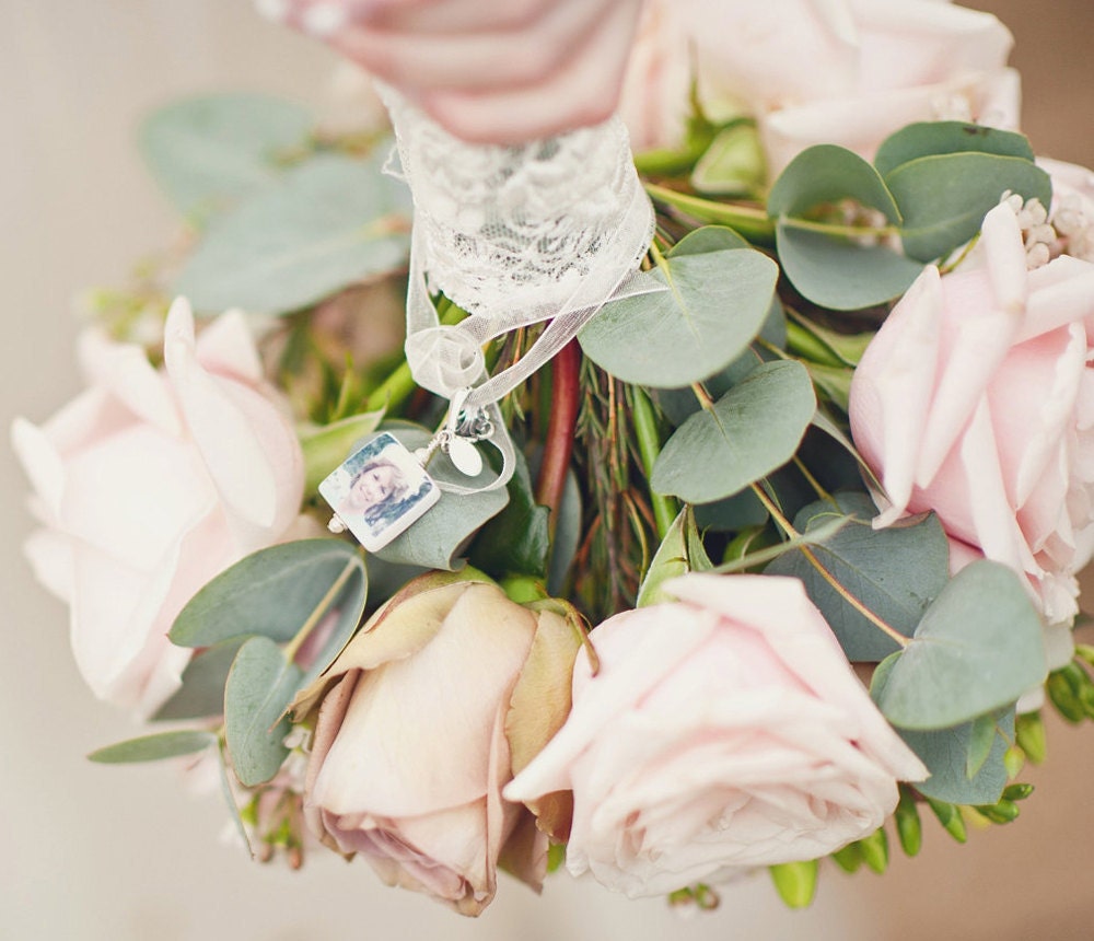BC5 - Bridal Bouquet Photo Charm - Small Personalized Memorial Photo Pendant with fancy bail