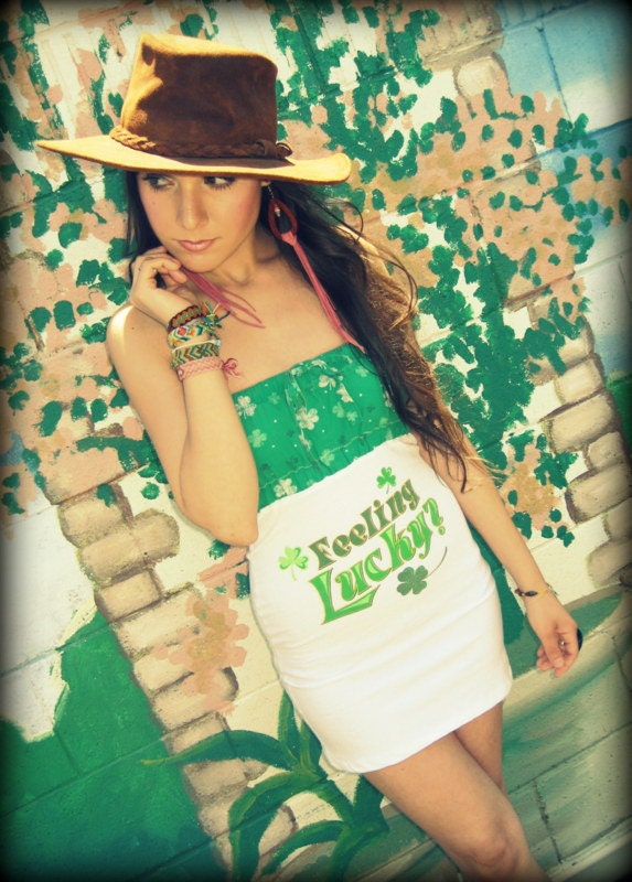 LOVE Hippie Vintage IRISH St. Patricks Lucky Charm Green Pajama Tube Top Mini Dress