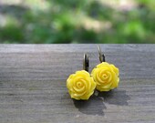 Yellow Rose Earrings - Flowers - Floral - Easter - Spring - Summer - Bridesmaid Gift - Antique Bronze - Gifts Under 25