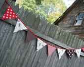 Sock Monkey Birthday Party Decoration, Sock Monkey Banner, Bunting, Monkey Nursery Decor -- red, brown, white fabric - for boy or girl