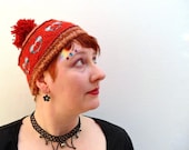 Knitted pompom hat - Blue heart , Burnt orange