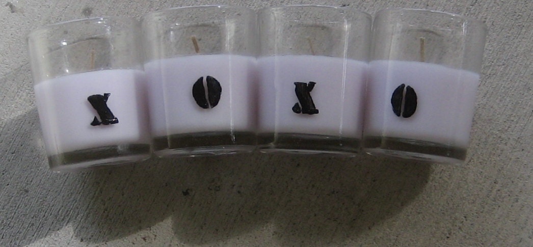 XOXO Glass Votive Holders with unscented white candles, Set of 4