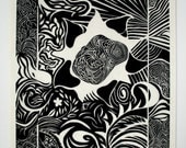 Detailed Abstract Linocut Print: Black Ink on Archival, Acid-Free Mulberry Paper