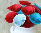 18 Red and Aqua Paper Flowers, Carnival Theme Party Decor, Circus Red and Aqua, Red and Aqua Centerpiece