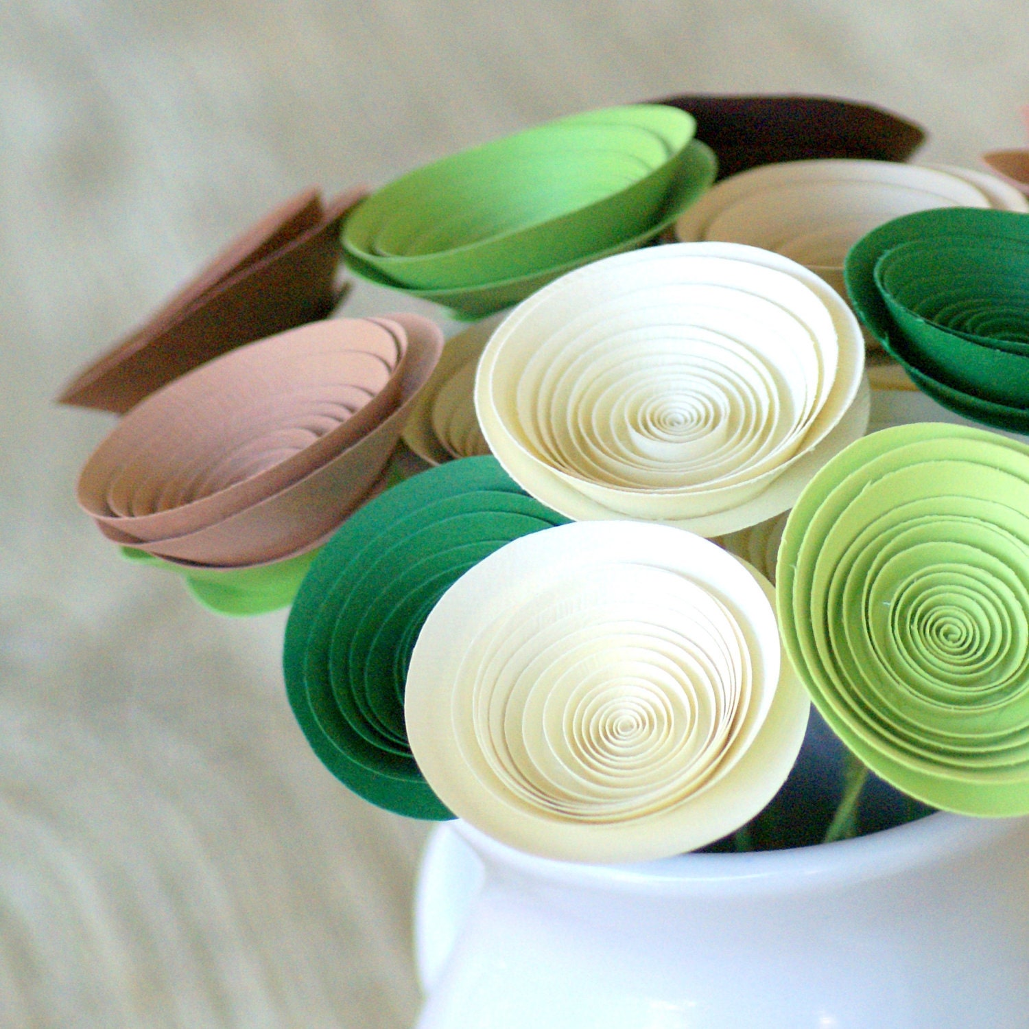 18 Medium Paper Flowers in Ivory, Greens, and Browns, Summer Woodland Inspired, Eco-Friendly Home Decor