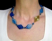 Blue Agate Necklace, Gemstone Jewelry, Vintage Gold Diamond Focal, Blue Agate Jewelry, Cruise, Caribbean